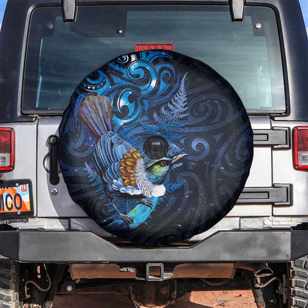 Aotearoa Matariki Spare Tire Cover Maori Tribal with Silver Fern and Tui Bird Galaxy Style - Aussie Hoodie