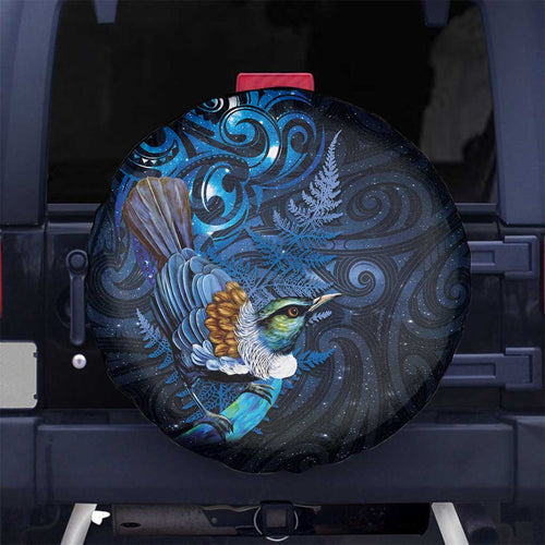 Aotearoa Matariki Spare Tire Cover Maori Tribal with Silver Fern and Tui Bird Galaxy Style - Aussie Hoodie