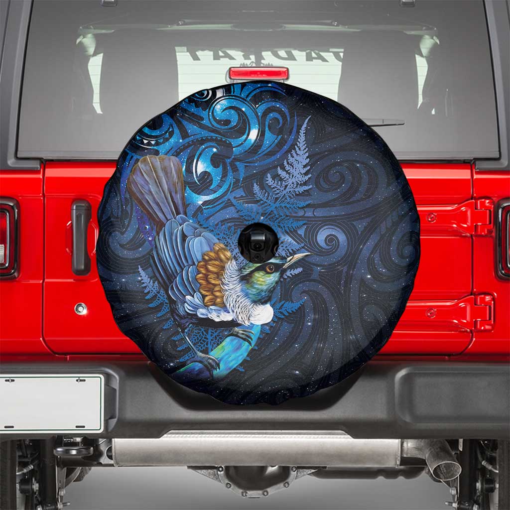 Aotearoa Matariki Spare Tire Cover Maori Tribal with Silver Fern and Tui Bird Galaxy Style - Aussie Hoodie