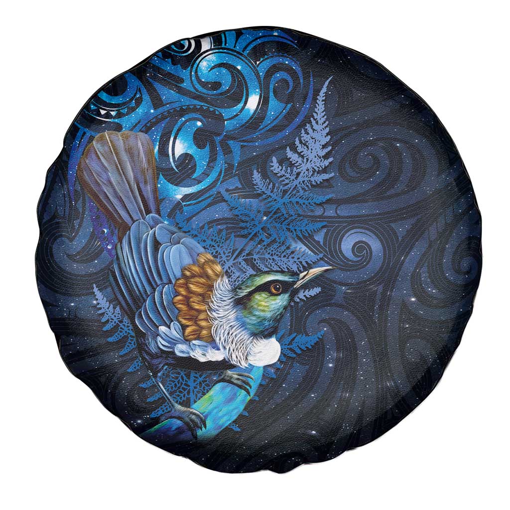 Aotearoa Matariki Spare Tire Cover Maori Tribal with Silver Fern and Tui Bird Galaxy Style - Aussie Hoodie