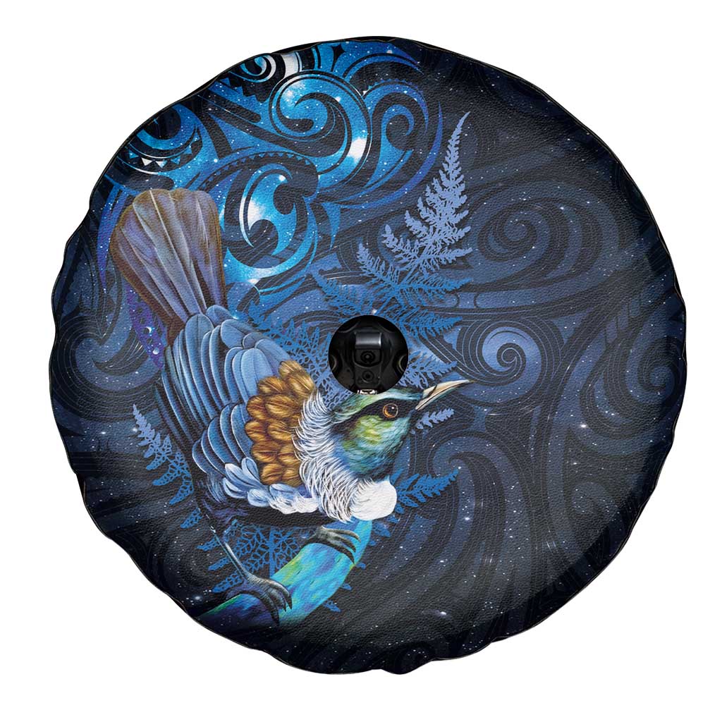Aotearoa Matariki Spare Tire Cover Maori Tribal with Silver Fern and Tui Bird Galaxy Style - Aussie Hoodie