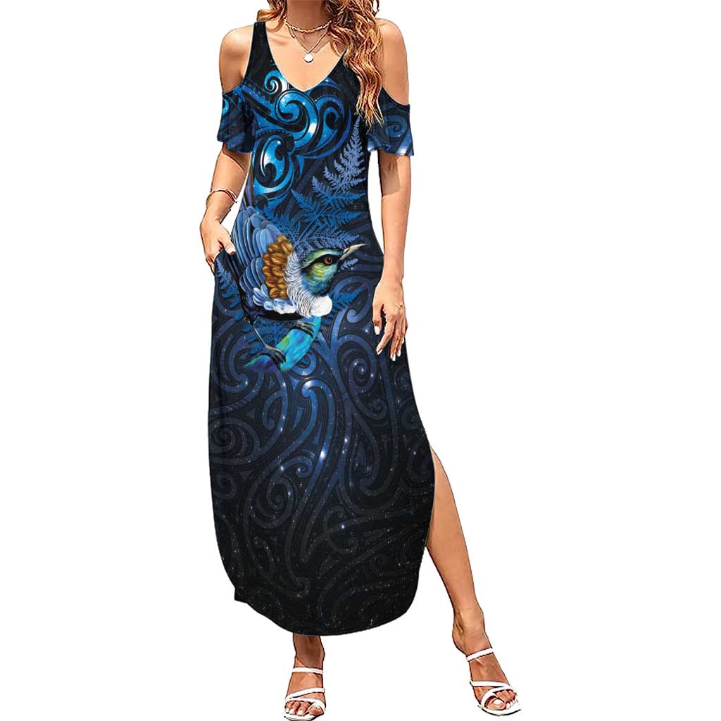Aotearoa Matariki Summer Maxi Dress Maori Tribal with Silver Fern and Tui Bird Galaxy Style - Aussie Hoodie