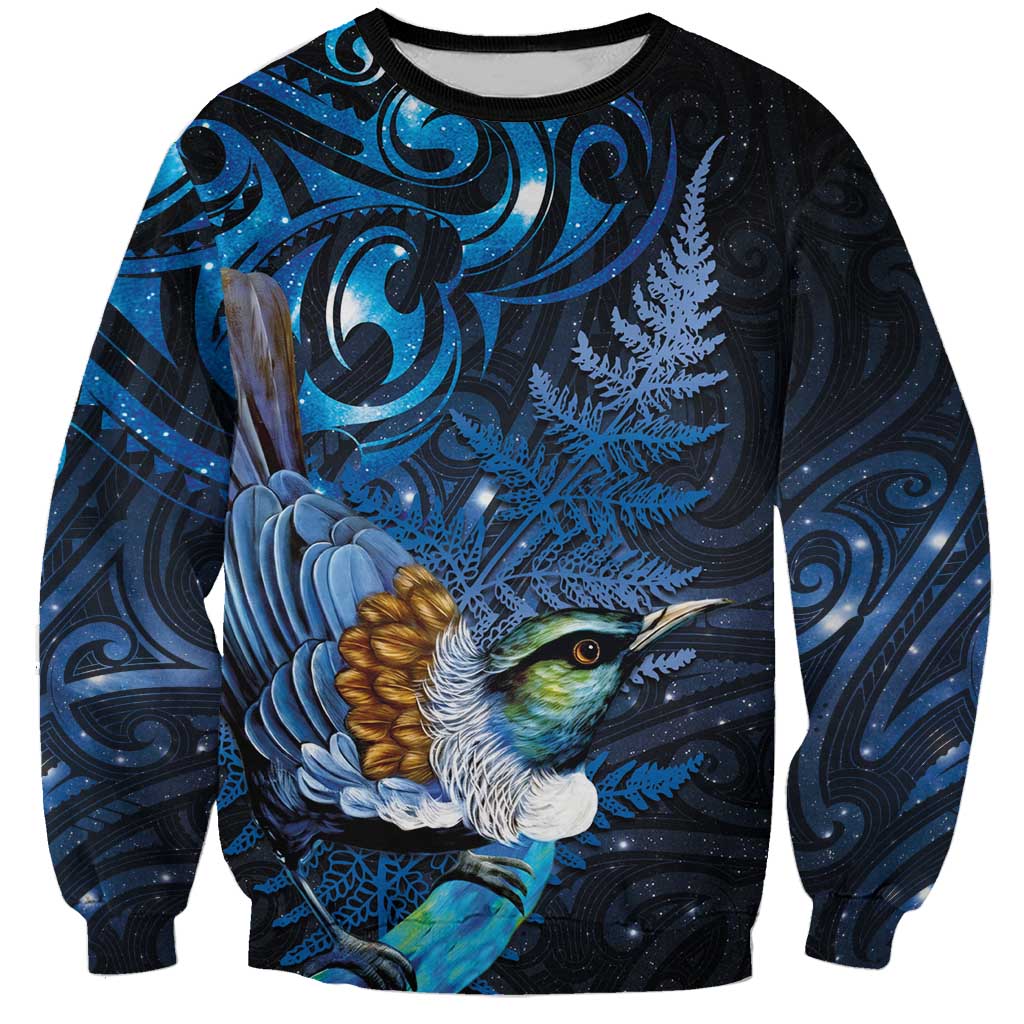 Aotearoa Matariki Sweatshirt Maori Tribal with Silver Fern and Tui Bird Galaxy Style - Aussie Hoodie