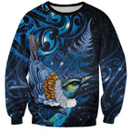 Aotearoa Matariki Sweatshirt Maori Tribal with Silver Fern and Tui Bird Galaxy Style - Aussie Hoodie