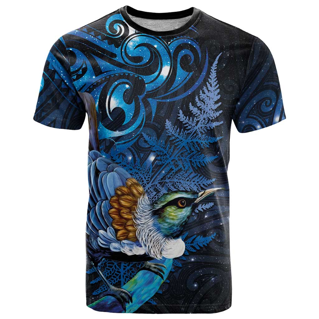 Aotearoa Matariki T Shirt Maori Tribal with Silver Fern and Tui Bird Galaxy Style - Aussie Hoodie