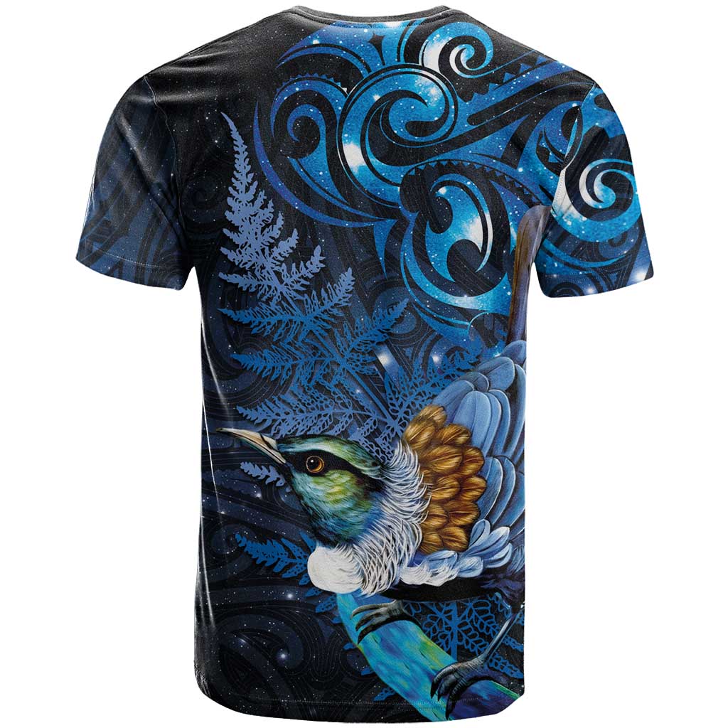 Aotearoa Matariki T Shirt Maori Tribal with Silver Fern and Tui Bird Galaxy Style - Aussie Hoodie