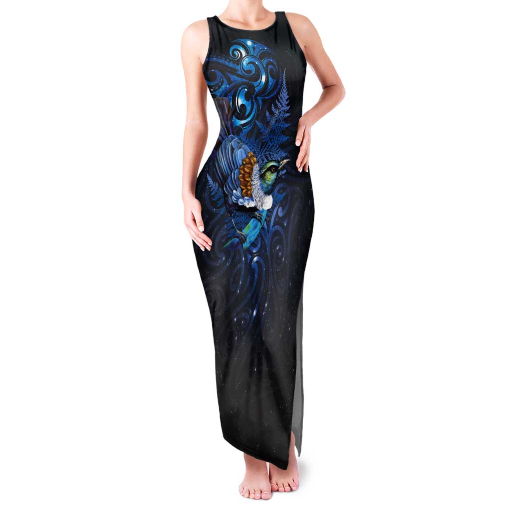Aotearoa Matariki Tank Maxi Dress Maori Tribal with Silver Fern and Tui Bird Galaxy Style - Aussie Hoodie