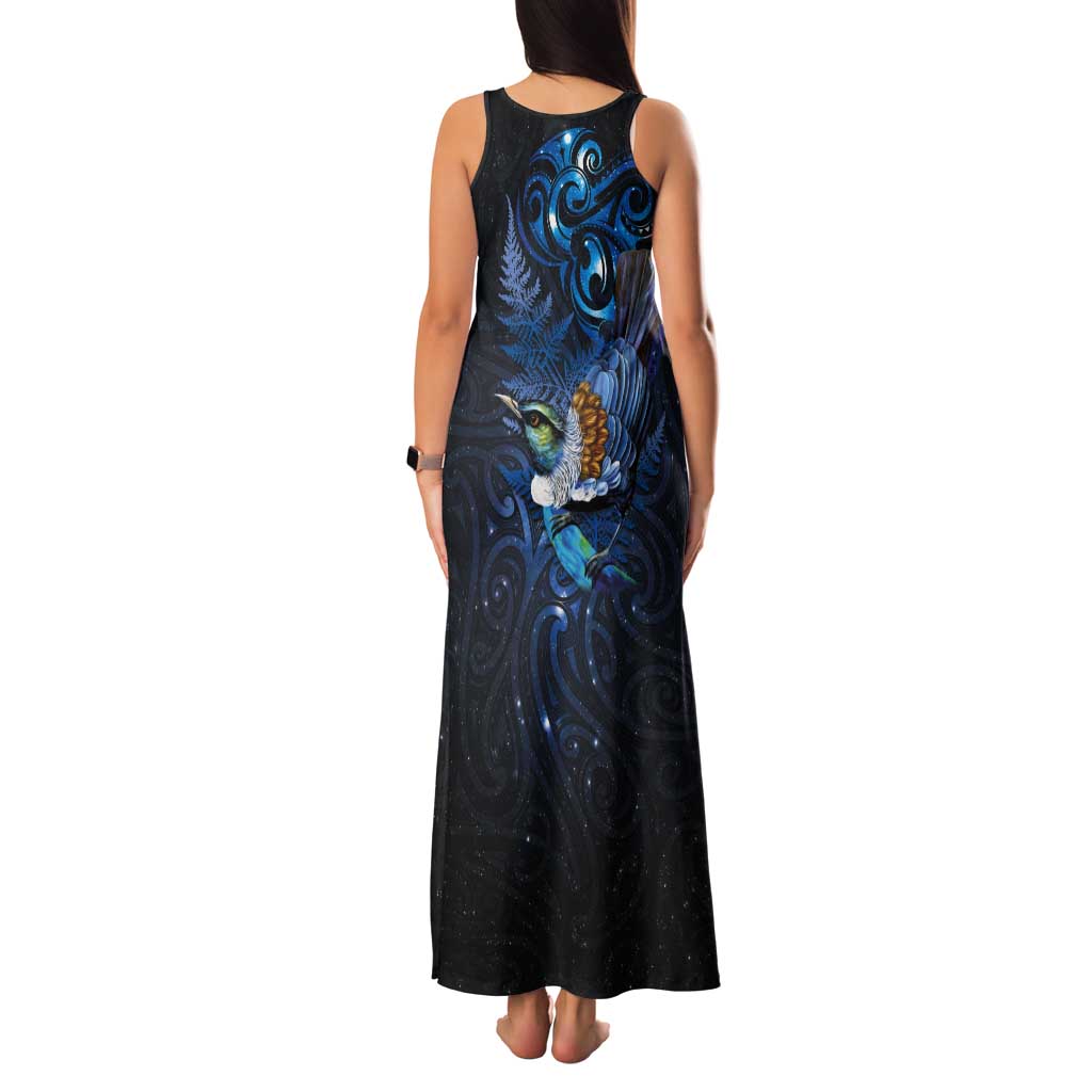 Aotearoa Matariki Tank Maxi Dress Maori Tribal with Silver Fern and Tui Bird Galaxy Style - Aussie Hoodie