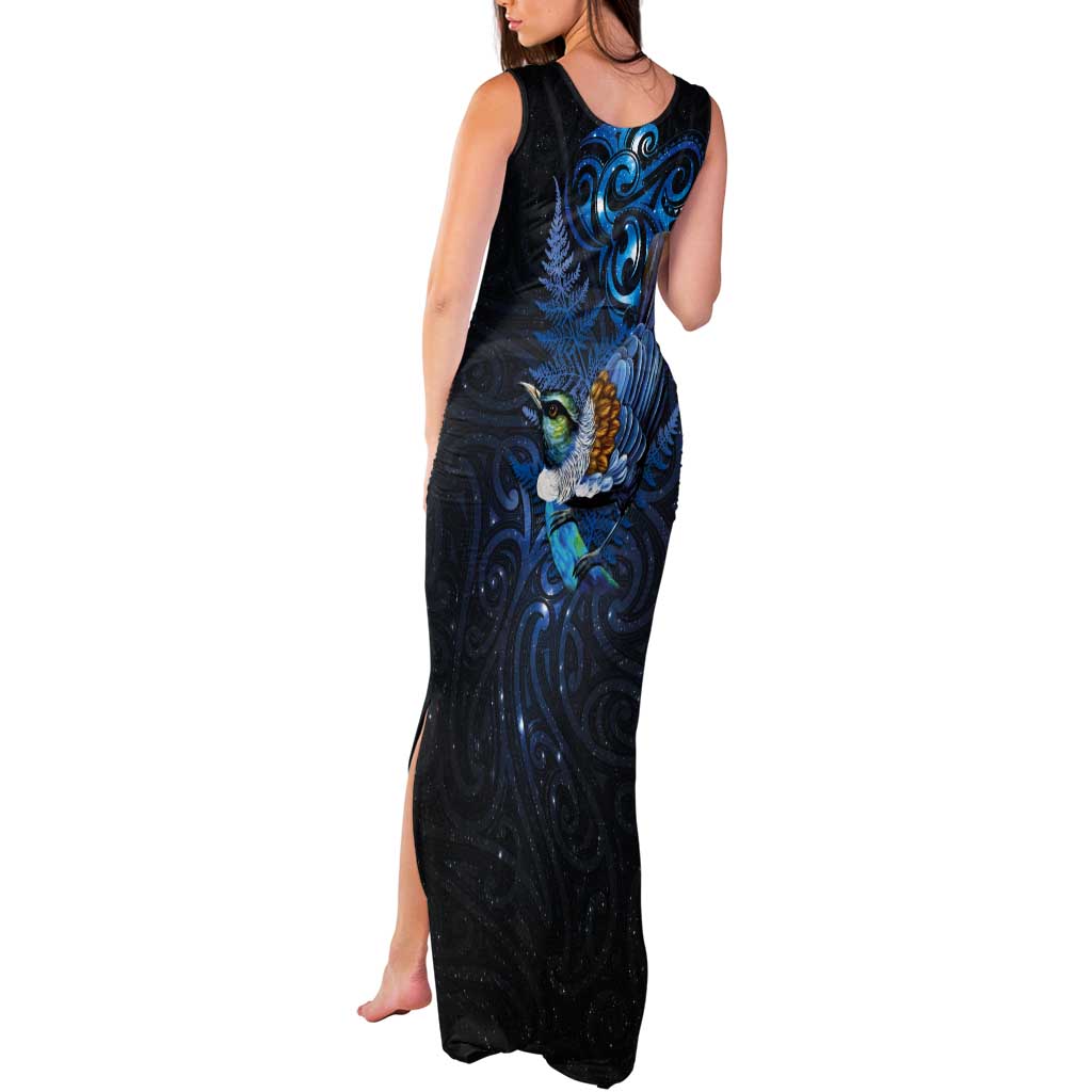 Aotearoa Matariki Tank Maxi Dress Maori Tribal with Silver Fern and Tui Bird Galaxy Style - Aussie Hoodie
