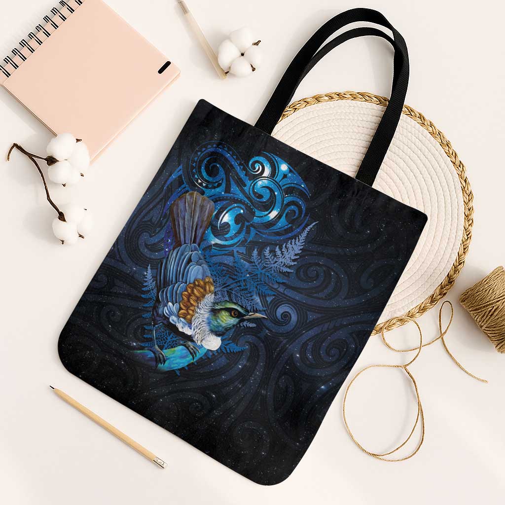 Aotearoa Matariki Tote Bag Maori Tribal with Silver Fern and Tui Bird Galaxy Style - Aussie Hoodie