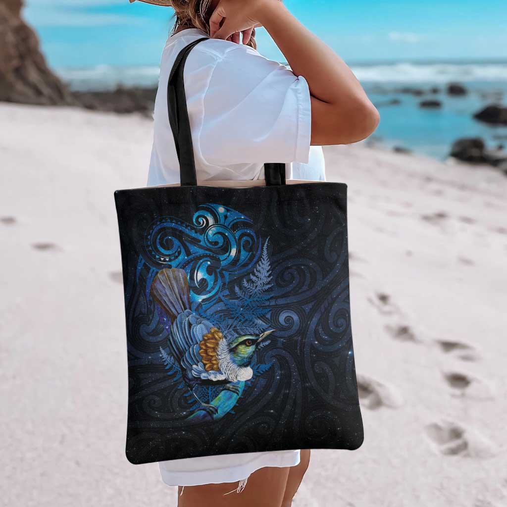 Aotearoa Matariki Tote Bag Maori Tribal with Silver Fern and Tui Bird Galaxy Style - Aussie Hoodie