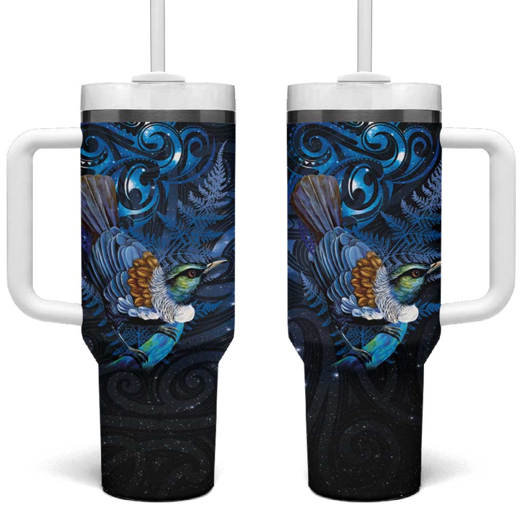Aotearoa Matariki Tumbler With Handle Maori Tribal with Silver Fern and Tui Bird Galaxy Style - Aussie Hoodie