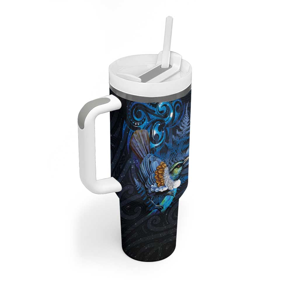 Aotearoa Matariki Tumbler With Handle Maori Tribal with Silver Fern and Tui Bird Galaxy Style - Aussie Hoodie