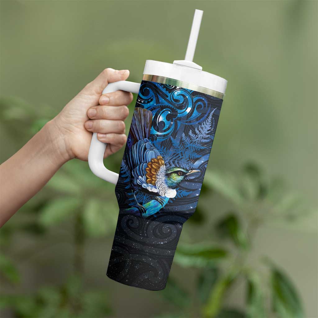 Aotearoa Matariki Tumbler With Handle Maori Tribal with Silver Fern and Tui Bird Galaxy Style - Aussie Hoodie