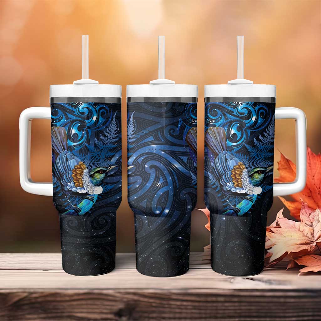 Aotearoa Matariki Tumbler With Handle Maori Tribal with Silver Fern and Tui Bird Galaxy Style - Aussie Hoodie