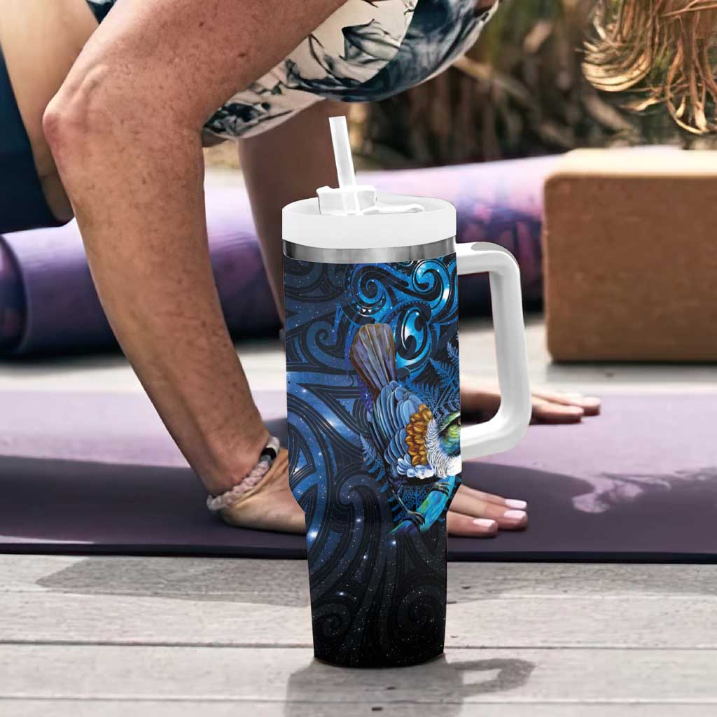 Aotearoa Matariki Tumbler With Handle Maori Tribal with Silver Fern and Tui Bird Galaxy Style - Aussie Hoodie