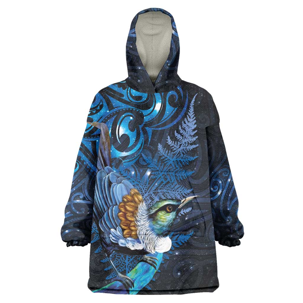Aotearoa Matariki Wearable Blanket Hoodie Maori Tribal with Silver Fern and Tui Bird Galaxy Style - Aussie Hoodie