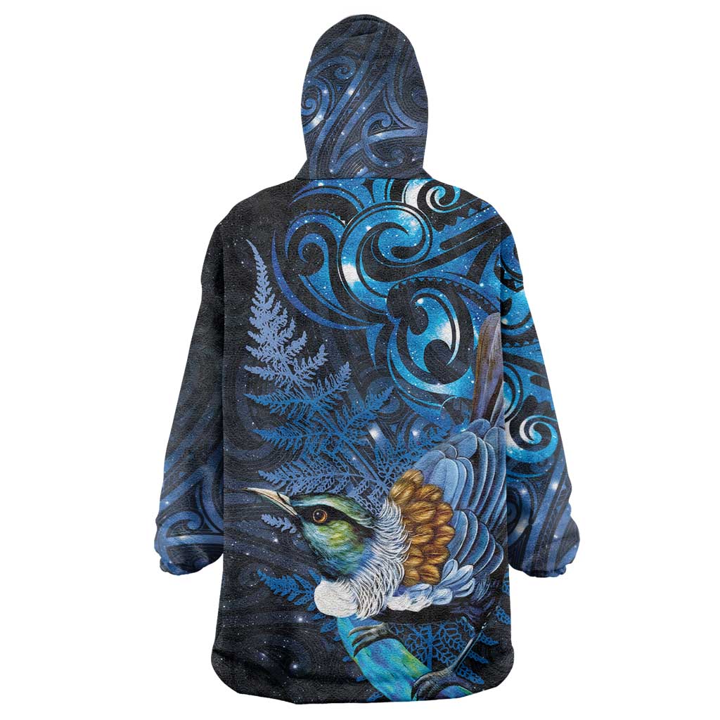 Aotearoa Matariki Wearable Blanket Hoodie Maori Tribal with Silver Fern and Tui Bird Galaxy Style - Aussie Hoodie