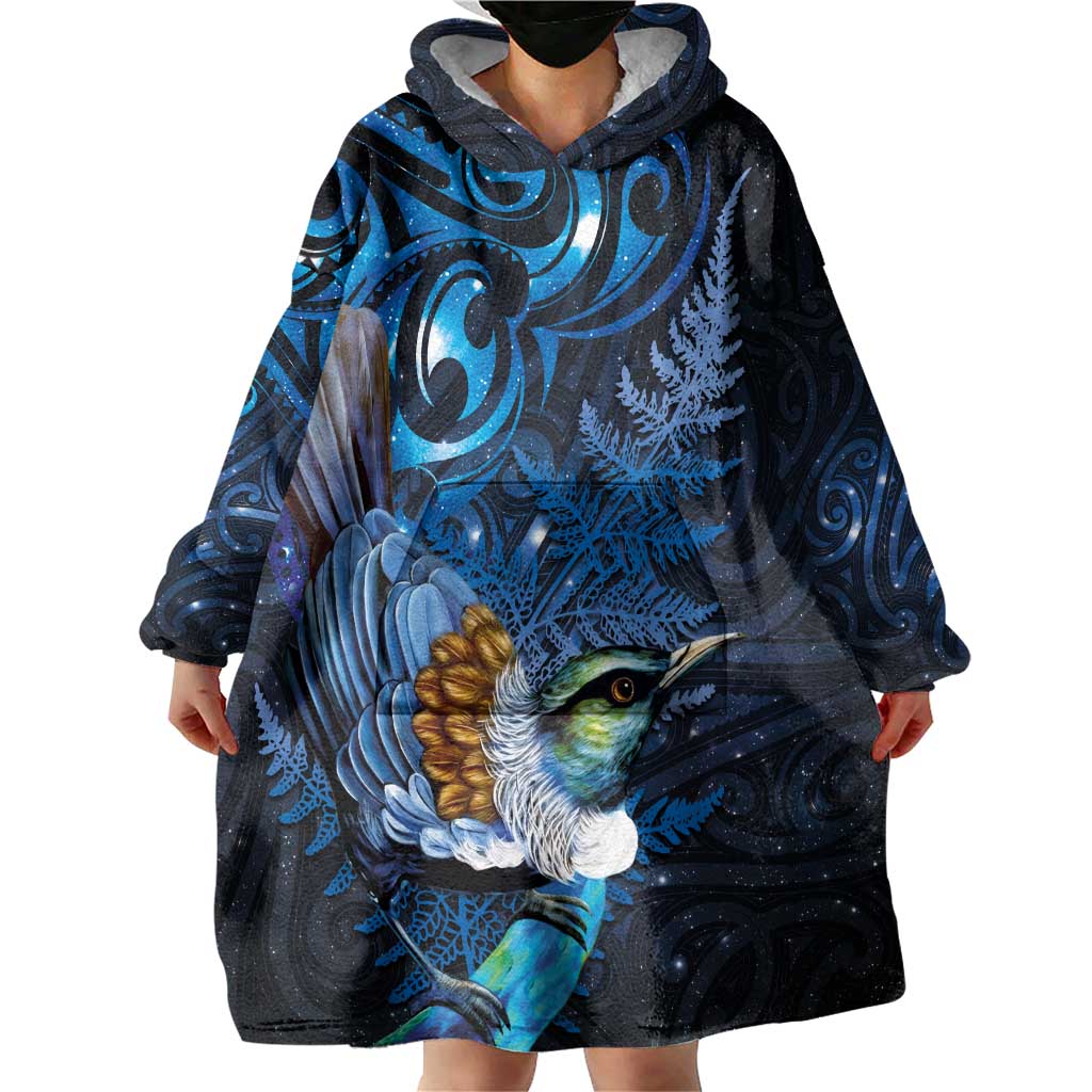 Aotearoa Matariki Wearable Blanket Hoodie Maori Tribal with Silver Fern and Tui Bird Galaxy Style - Aussie Hoodie