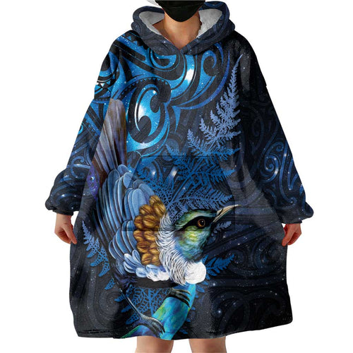 Aotearoa Matariki Wearable Blanket Hoodie Maori Tribal with Silver Fern and Tui Bird Galaxy Style - Aussie Hoodie