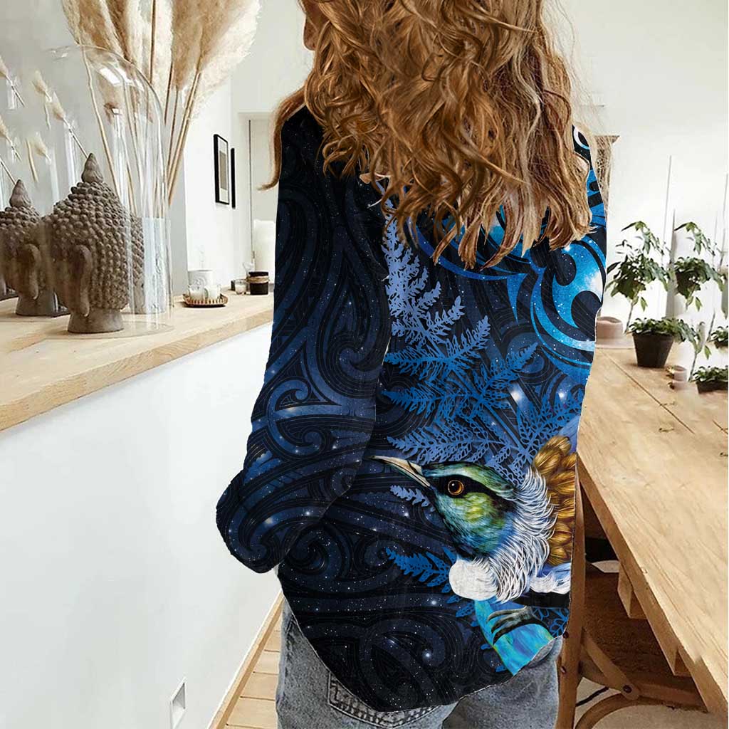 Aotearoa Matariki Women Casual Shirt Maori Tribal with Silver Fern and Tui Bird Galaxy Style - Aussie Hoodie