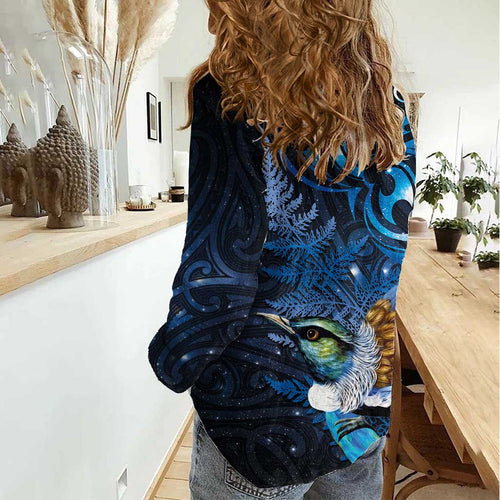 Aotearoa Matariki Women Casual Shirt Maori Tribal with Silver Fern and Tui Bird Galaxy Style - Aussie Hoodie