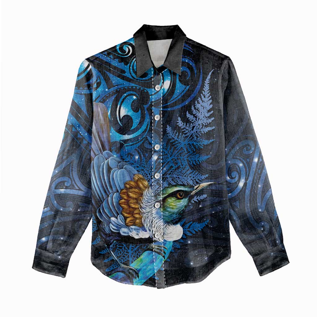 Aotearoa Matariki Women Casual Shirt Maori Tribal with Silver Fern and Tui Bird Galaxy Style - Aussie Hoodie