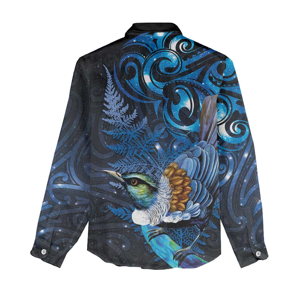 Aotearoa Matariki Women Casual Shirt Maori Tribal with Silver Fern and Tui Bird Galaxy Style - Aussie Hoodie