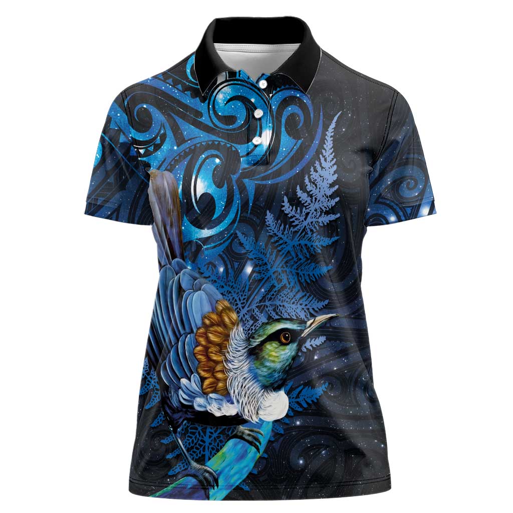 Aotearoa Matariki Women Polo Shirt Maori Tribal with Silver Fern and Tui Bird Galaxy Style - Aussie Hoodie