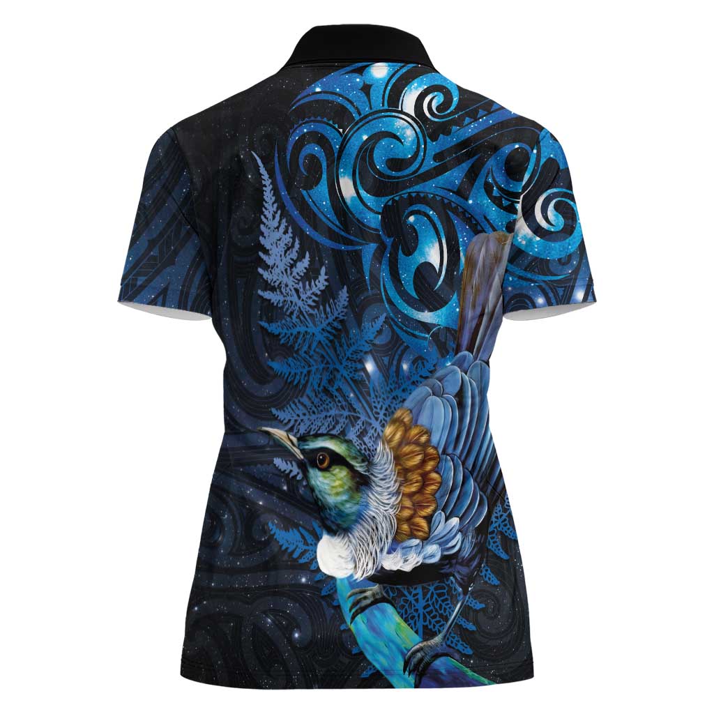 Aotearoa Matariki Women Polo Shirt Maori Tribal with Silver Fern and Tui Bird Galaxy Style - Aussie Hoodie