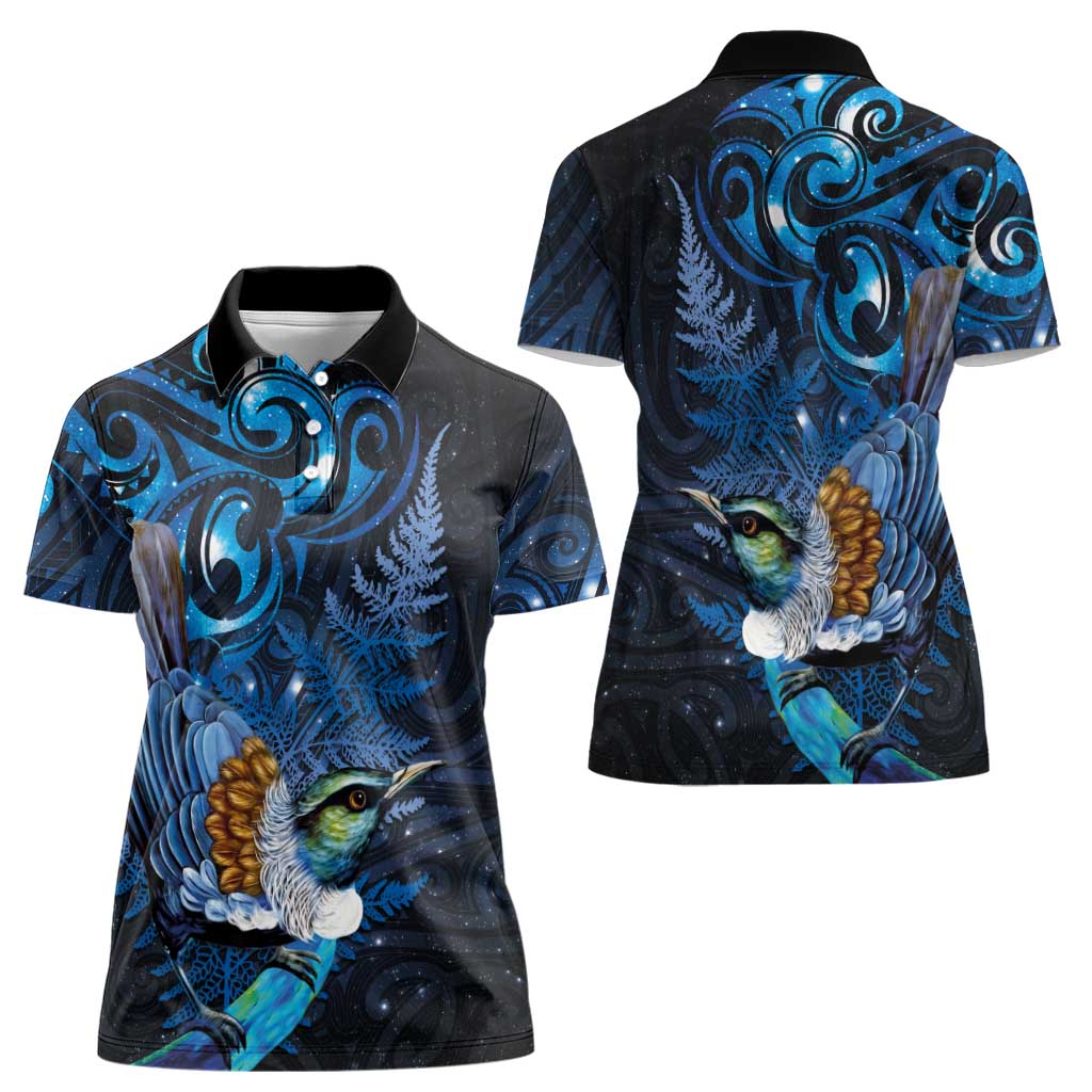 Aotearoa Matariki Women Polo Shirt Maori Tribal with Silver Fern and Tui Bird Galaxy Style - Aussie Hoodie