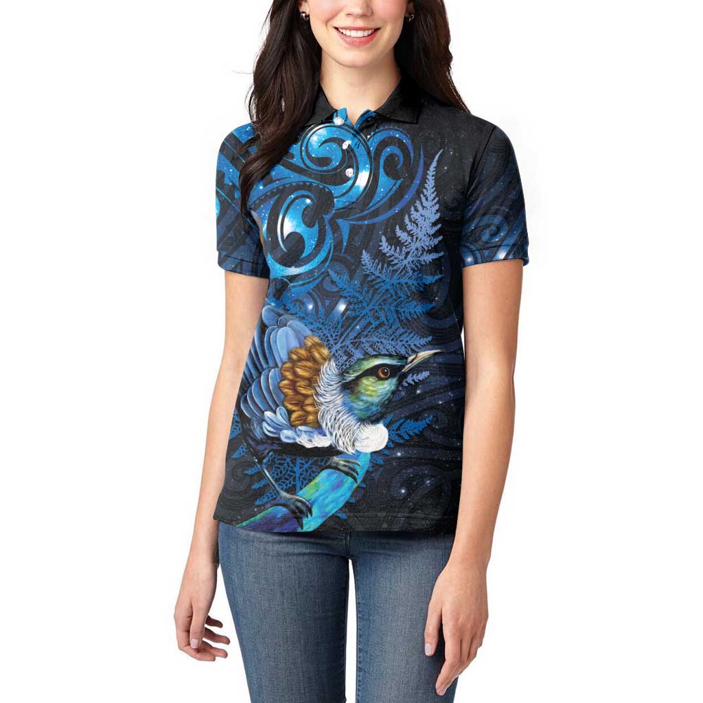 Aotearoa Matariki Women Polo Shirt Maori Tribal with Silver Fern and Tui Bird Galaxy Style - Aussie Hoodie
