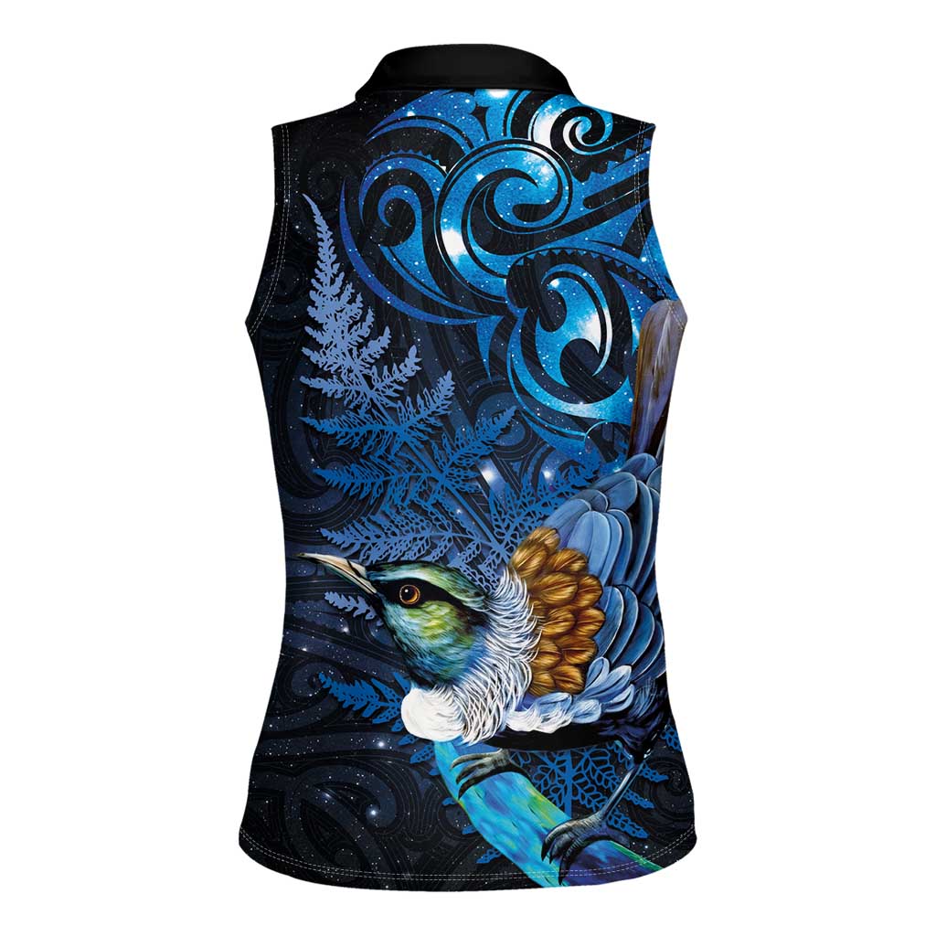 Aotearoa Matariki Women Sleeveless Polo Shirt Maori Tribal with Silver Fern and Tui Bird Galaxy Style - Aussie Hoodie
