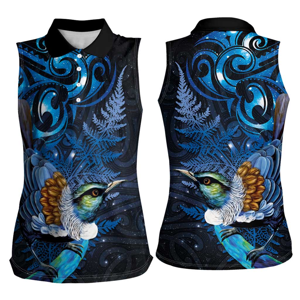 Aotearoa Matariki Women Sleeveless Polo Shirt Maori Tribal with Silver Fern and Tui Bird Galaxy Style - Aussie Hoodie