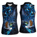 Aotearoa Matariki Women Sleeveless Polo Shirt Maori Tribal with Silver Fern and Tui Bird Galaxy Style - Aussie Hoodie