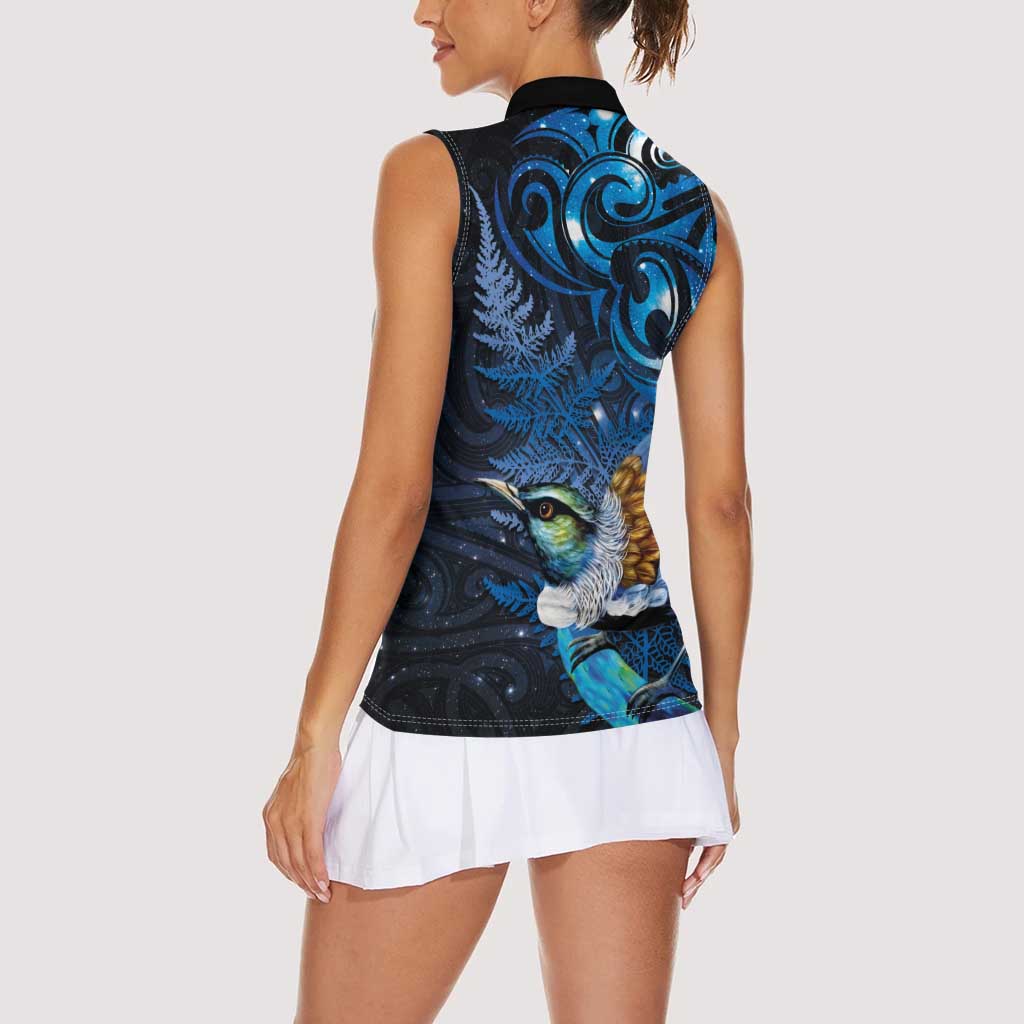 Aotearoa Matariki Women Sleeveless Polo Shirt Maori Tribal with Silver Fern and Tui Bird Galaxy Style - Aussie Hoodie