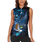 Aotearoa Matariki Women Sleeveless Polo Shirt Maori Tribal with Silver Fern and Tui Bird Galaxy Style - Aussie Hoodie