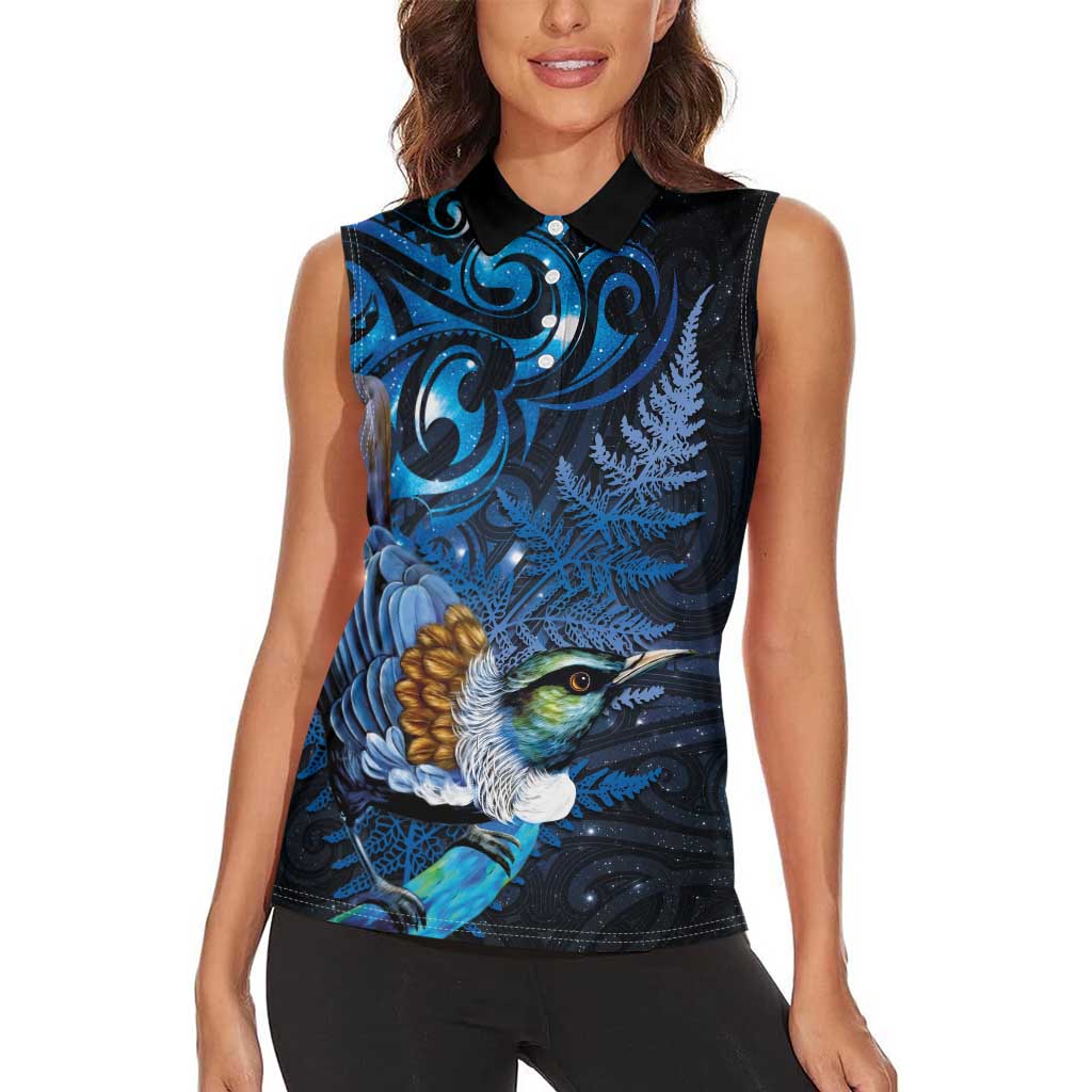 Aotearoa Matariki Women Sleeveless Polo Shirt Maori Tribal with Silver Fern and Tui Bird Galaxy Style - Aussie Hoodie