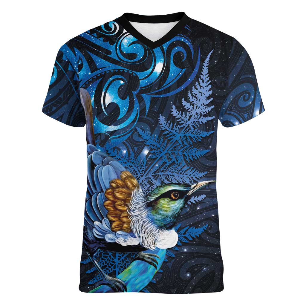Aotearoa Matariki Women V-Neck T-Shirt Maori Tribal with Silver Fern and Tui Bird Galaxy Style - Aussie Hoodie