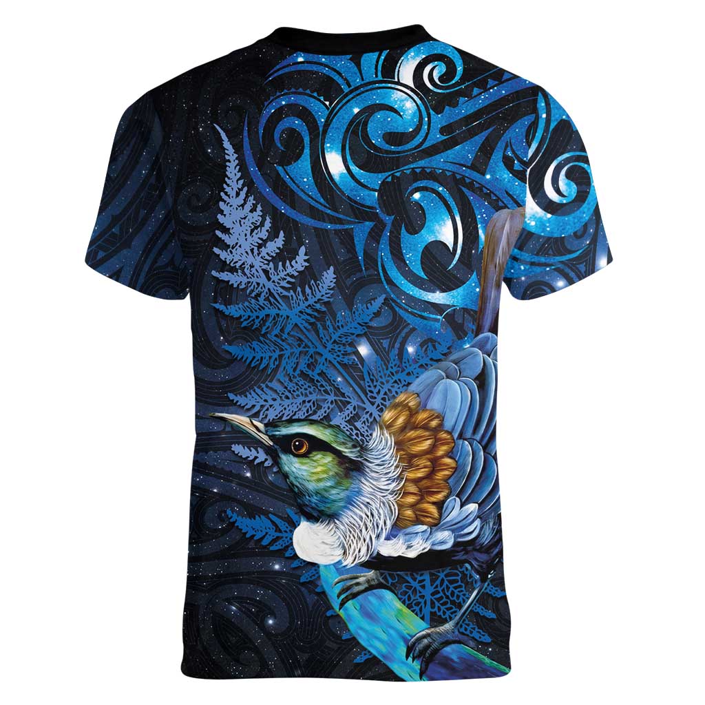 Aotearoa Matariki Women V-Neck T-Shirt Maori Tribal with Silver Fern and Tui Bird Galaxy Style - Aussie Hoodie