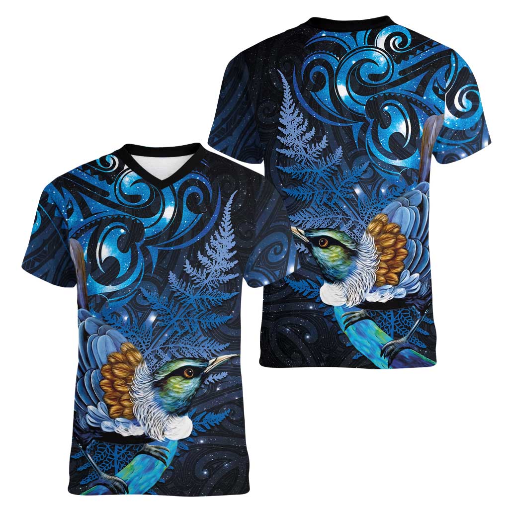 Aotearoa Matariki Women V-Neck T-Shirt Maori Tribal with Silver Fern and Tui Bird Galaxy Style - Aussie Hoodie