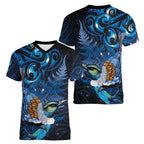 Aotearoa Matariki Women V-Neck T-Shirt Maori Tribal with Silver Fern and Tui Bird Galaxy Style - Aussie Hoodie