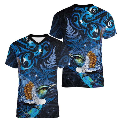 Aotearoa Matariki Women V-Neck T-Shirt Maori Tribal with Silver Fern and Tui Bird Galaxy Style - Aussie Hoodie