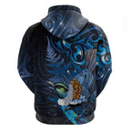 Aotearoa Matariki Zip Hoodie Maori Tribal with Silver Fern and Tui Bird Galaxy Style - Aussie Hoodie