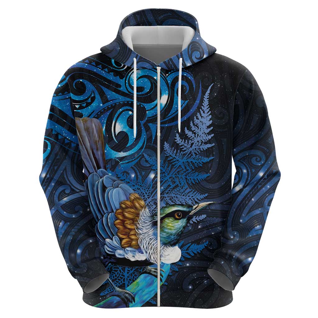 Aotearoa Matariki Zip Hoodie Maori Tribal with Silver Fern and Tui Bird Galaxy Style - Aussie Hoodie