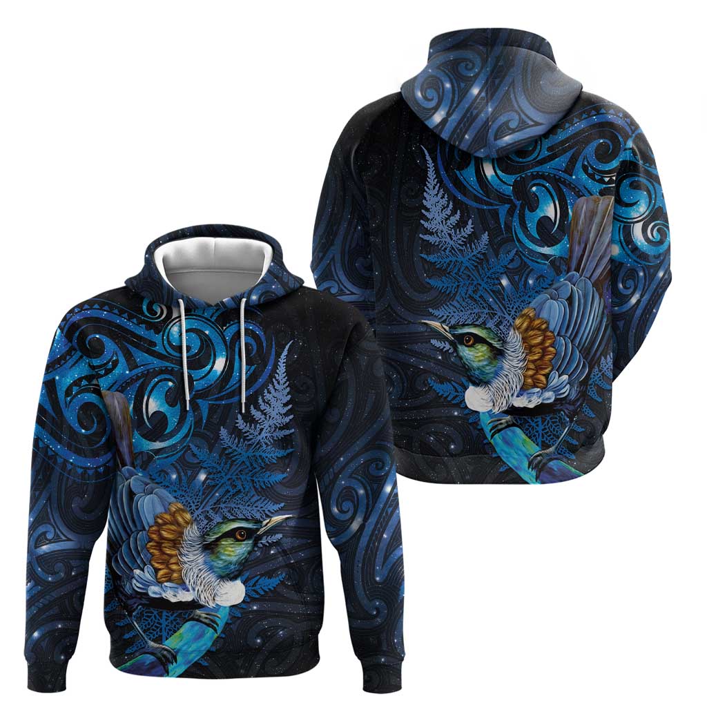 Aotearoa Matariki Zip Hoodie Maori Tribal with Silver Fern and Tui Bird Galaxy Style - Aussie Hoodie