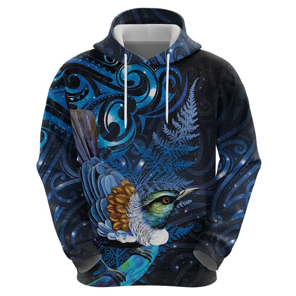 Aotearoa Matariki Zip Hoodie Maori Tribal with Silver Fern and Tui Bird Galaxy Style - Aussie Hoodie
