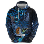 Aotearoa Matariki Zip Hoodie Maori Tribal with Silver Fern and Tui Bird Galaxy Style - Aussie Hoodie