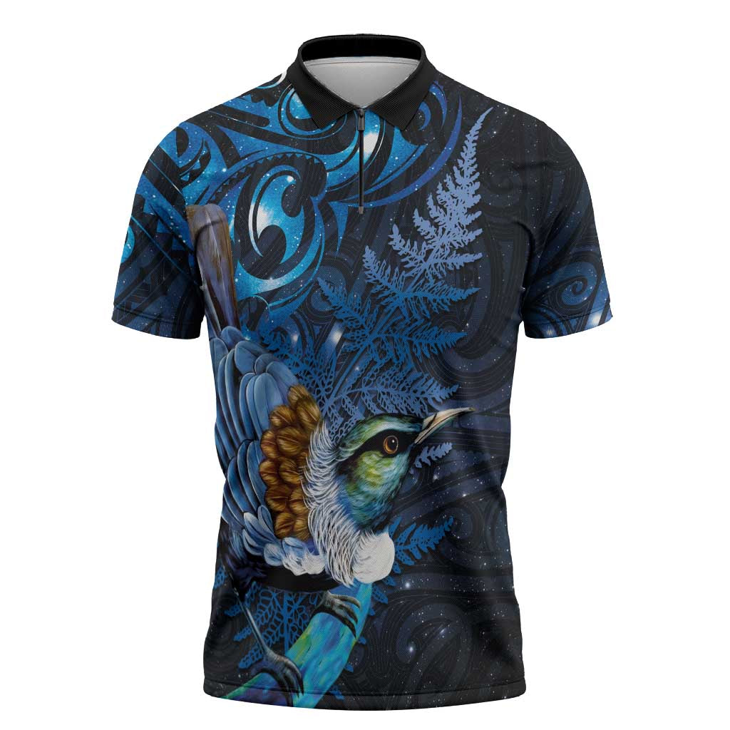 Aotearoa Matariki Zipper Polo Shirt Maori Tribal with Silver Fern and Tui Bird Galaxy Style - Aussie Hoodie
