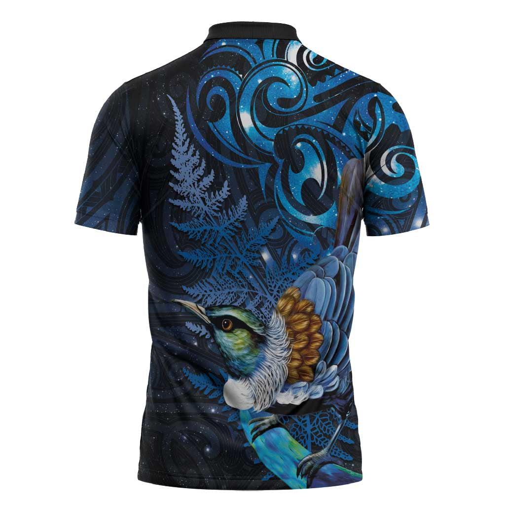 Aotearoa Matariki Zipper Polo Shirt Maori Tribal with Silver Fern and Tui Bird Galaxy Style - Aussie Hoodie